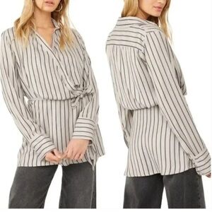 Free People Arlo Top Blouse Wrap Plunge Neckline Striped Long Sleeve New Small
